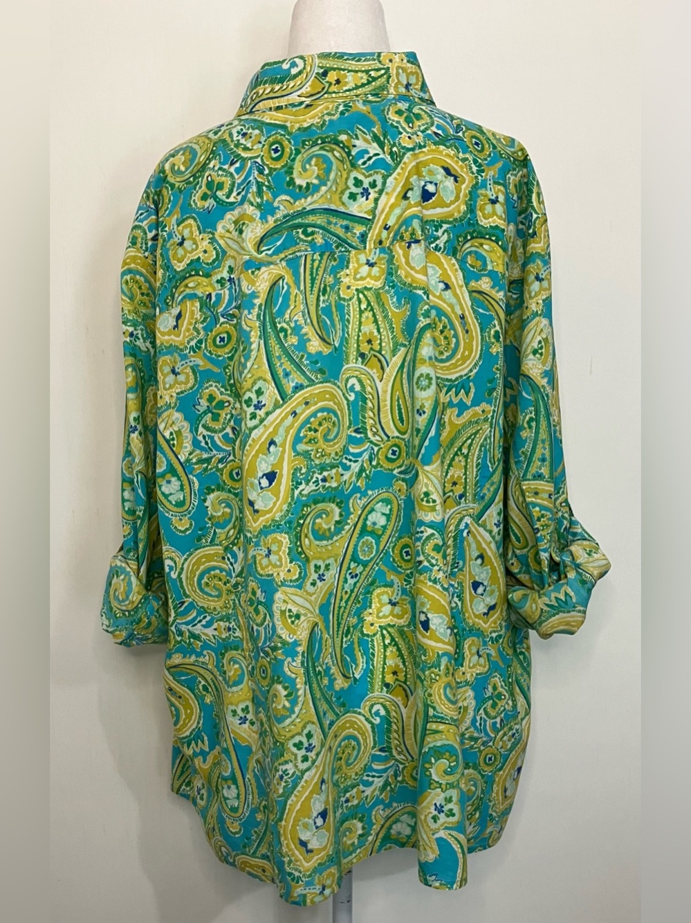 Jones New York Top 3X Blue Green Button Down Paisley Preppy Office Cotton - Picture 3 of 10